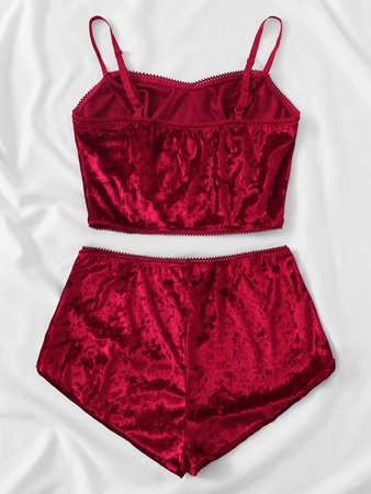 Bow Detail Velvet Cami Pajama Set | ROMWE