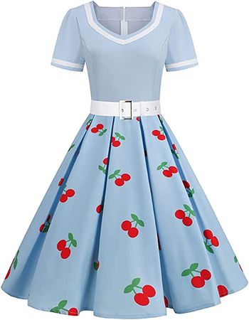 Women Short Sleeve 1950s Retro Vintage Cocktail Party Swing Dress Polka Dot Audrey Dress Casual A-Line Work Dress with Belt at Amazon Women’s Clothing store
