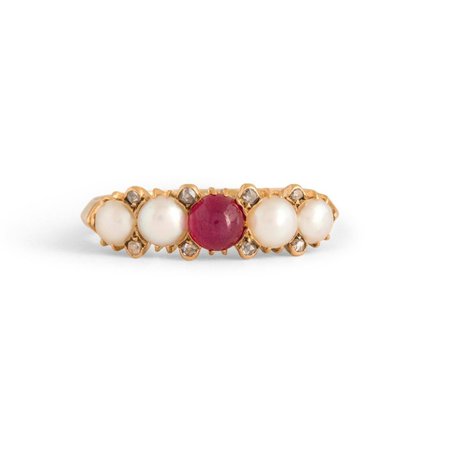 Antique Victorian English Ruby, Pearl, Diamond 18k Gold Ring