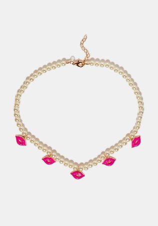 Pearl Bead Lip Charm Choker Necklace - White/Pink – Dolls Kill