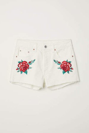 Embroidered Denim Shorts - White