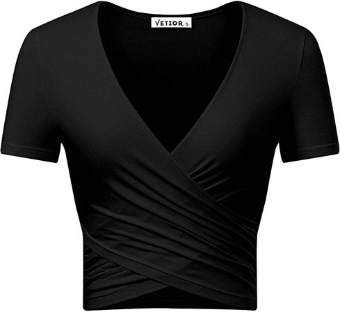 VETIOR Wrap Top Short Sleeve Crop Tops for Women Sexy Crop Tops for Women Summer Tops for Women 2022 Black Crop Top V Neck Fitted Ballet Yoga at Amazon Women’s Clothing store