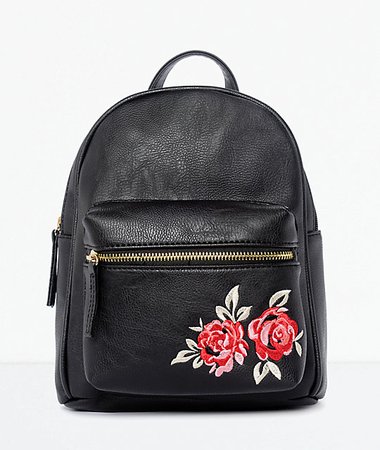 Black Rose Embroidered Mini Backpack
