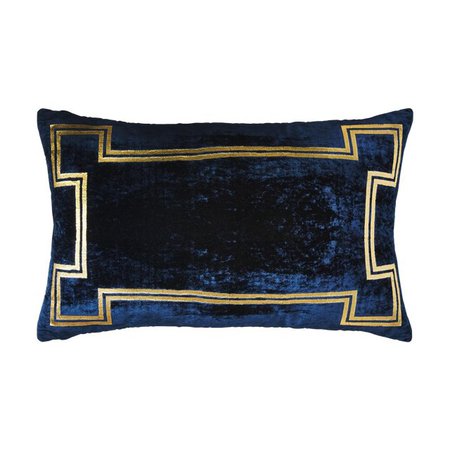 Aria Blue Silk Velvet Lumbar Pillow With Gold Foil Accents | Chairish