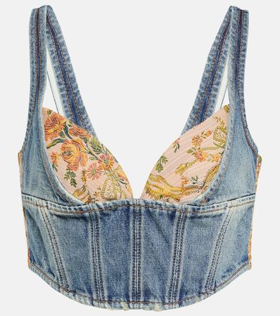 Alessandra Rich - Floral cropped denim bustier top | Mytheresa
