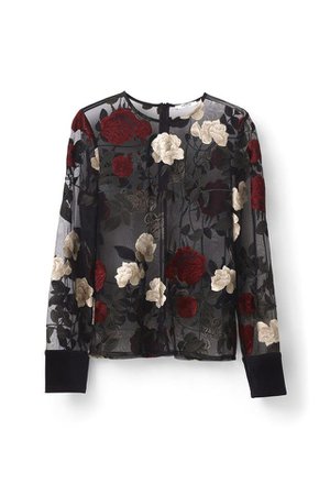 ganni black sheer tulle embroidered top floral