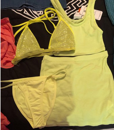 neon skirt and top with bikini and sparkle top