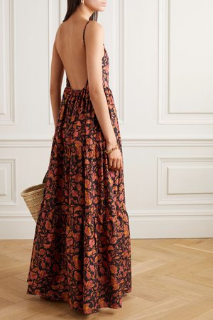 Claret Open-back tiered floral-print cotton-poplin maxi dress | Matteau | NET-A-PORTER