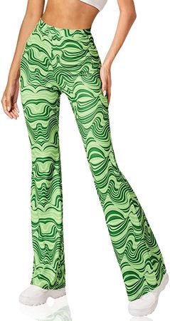 SOLY HUX Women's Print High Waisted Flare Pants Leggings Bell Bottom Wide Leg Lounge Pants Trousers Green Allover Print L at Amazon Women’s Clothing store