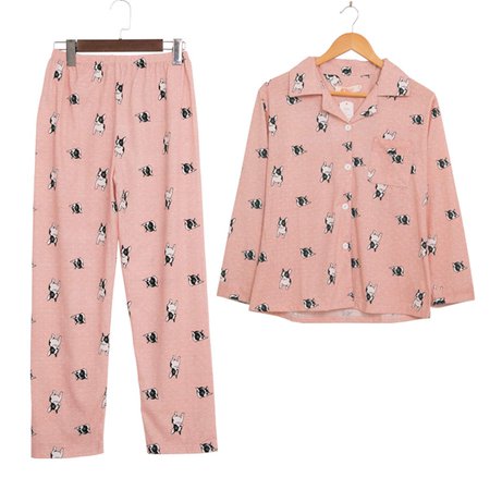 Cute Pajamas French Bulldog Print Dot New Pajama Set Long Sleeve Elastic Waist Cotton Sleepwear Lounge Pijamas