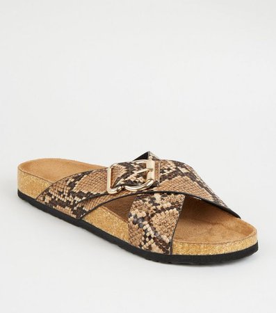 Stone Faux Snake Cross Strap Footbed Sliders | New Look