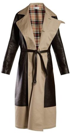 Bi Colour Tie Waist Leather And Canvas Coat - Womens - Brown Multi