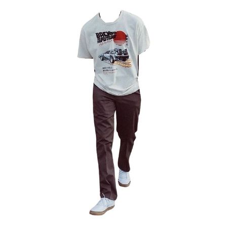 brown pants vintage white graphic movie back to the future tee t shirt sneakers full outfit png