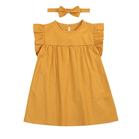 AmazonSmile: BabiBeauty Baby Girl Solid Ruffle Long Sleeve Casual Dress with Headband (Yellow, 100/18-24 Momths): Clothing