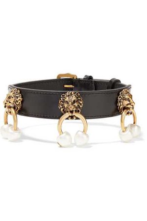 Gucci | Leather, gold-tone and faux pearl choker | NET-A-PORTER.COM