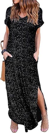 HUSKARY Women's Summer Maxi Dress Casual Loose Pockets Leopard Split Maxi Dress at Amazon Women’s Clothing store