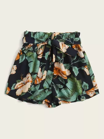 Paperbag Waist Tropical Print Shorts | SHEIN USA