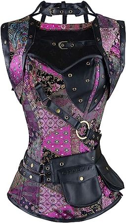 Charmian Women's Steel Boned Retro Goth Brocade Steampunk Bustiers Corset Top with Jacket and Belt Multicolored Medium at Amazon Women’s Clothing store