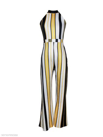 Vertical Striped Band Collar Wide-Leg Jumpsuit - fashionMia.com