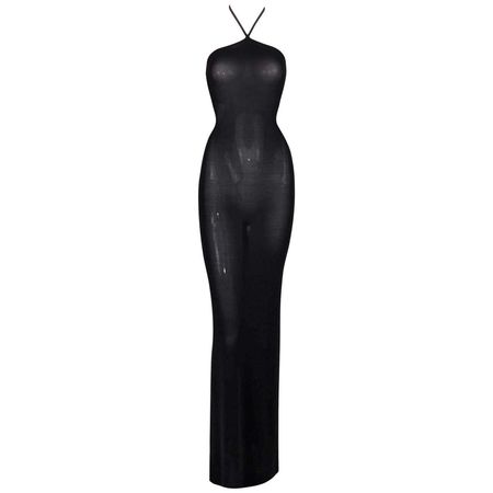 Vintage 1997 Gucci by Tom Ford Sheer Black Halter Wiggle Gown Dress For Sale at 1stDibs