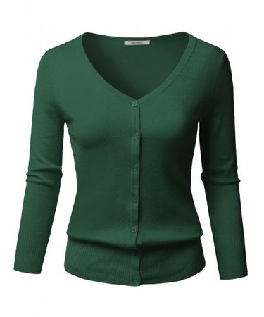 Women's Solid Button Down V-Neck 3/4 Sleeves Knit Cardigan | 29 Hunter Green