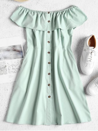 [36% OFF] [HOT] 2020 ZAFUL Off Shoulder Button Up Mini Dress In PALE BLUE LILY | ZAFUL