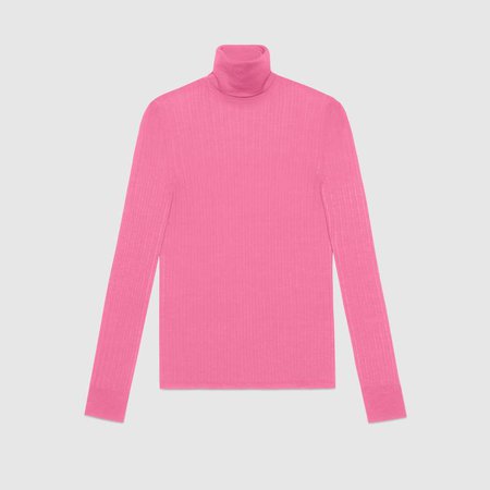 Fine silk blend turtleneck knitted top in Pink fine silk, wool, cashmere flat rib stitch | Gucci Women's Sweaters & Cardigans