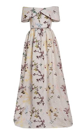 Louise Floral-Embroidered Linen Off-The-Shoulder Gown By Markarian | Moda Operandi