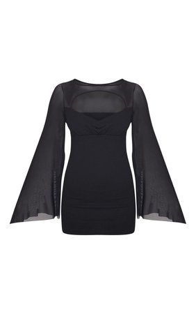 Black Mesh Bodice Cut Out Flared Sleeve Bodycon Mini Dress | PrettyLittleThing USA