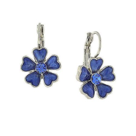 Silver-Tone Blue Enamel Flower Drop Earrings