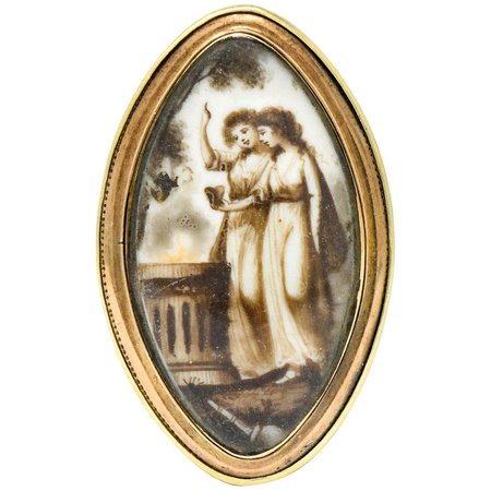 Georgian Sepia Painted 14 Karat Gold Navette Mourning Ring, circa 1800s For Sale at 1stDibs