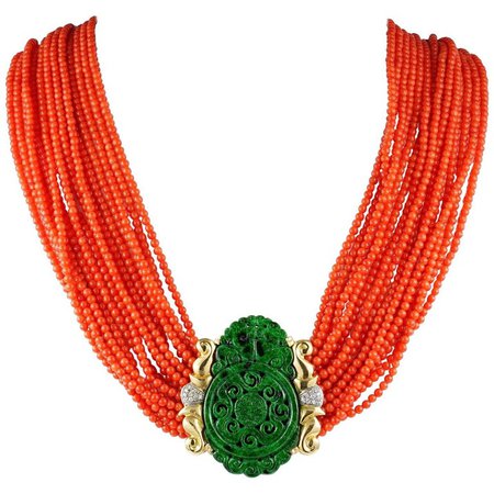 Vintage Natural Red Coral, Green Spinach Jade, and Diamond Necklace