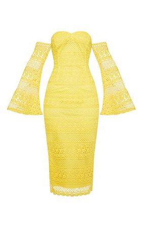Bright Yellow Lace Bardot Bell Sleeve Midi Dress | PrettyLittleThing