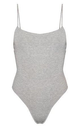 Basic Grey Square Neck Thong Bodysuit | Tops | PrettyLittleThing