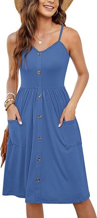 PLMOKEN Womens Summer Dresses Spaghetti Strap V Neck Front Buttons Fit and Flare Midi Dress(S,Navy Blue) at Amazon Women’s Clothing store