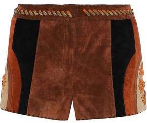 Bead-embellished Paneled Suede Shorts