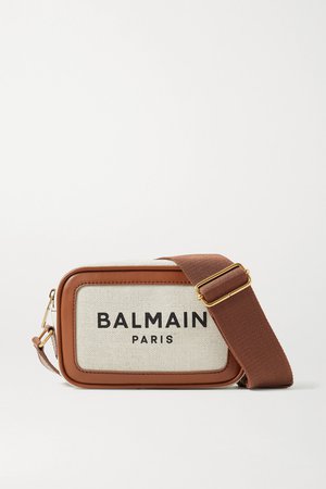 Brown B-Army leather-trimmed printed canvas shoulder bag | Balmain | NET-A-PORTER