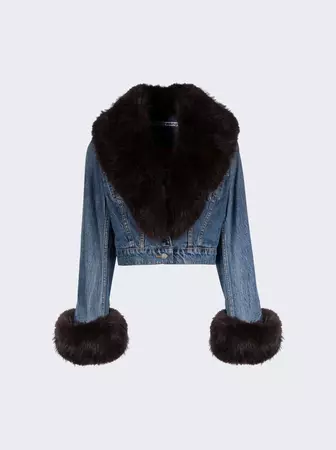 Cropped Faux Fur-trimmed Denim Jacket Vintage Indigo | The Webster