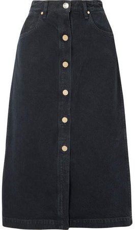 The Button Front Denim Midi Skirt - Black