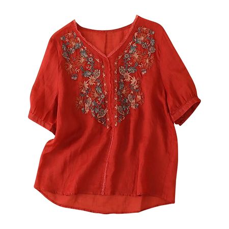 Lolmot Women's Summer Casual Tops Cotton Linen Boho Embroidery Mexican Bohemian Ethnic Style Tops V-Neck Pullover Shirt Tunic Blouses - Walmart.com