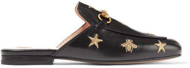 Princetown Horsebit-detailed Embroidered Leather Slippers - Black