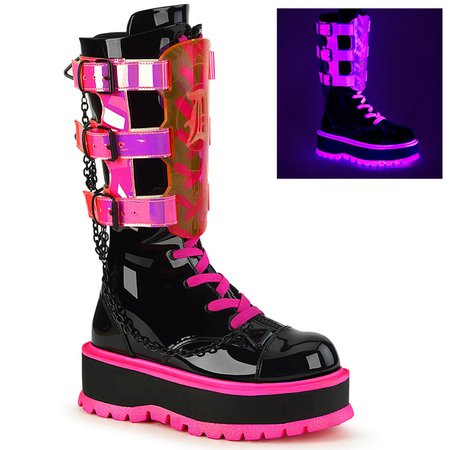 DEMONIA "Slacker-156" Ankle Boots - Black Patent-UV Neon Pink – Demonia Cult