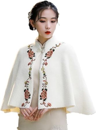 MAFSMJP Bridal wool shawl cheongsam overlay mink velvet cape poncho toast dress embroidery cardigan jacket beige One size at Amazon Women’s Clothing store