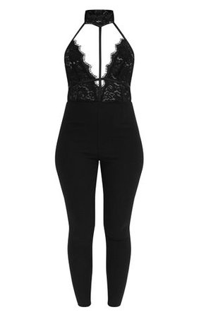 Black Lace Harness Jumpsuit | PrettyLittleThing
