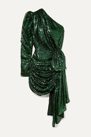 Green One-sleeve draped sequined tulle mini dress | 16ARLINGTON | NET-A-PORTER