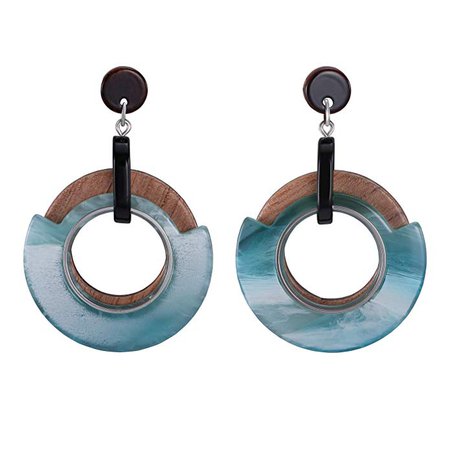 Geometric Acrylic Earrings, Lucite and Wood Round Circle Drop Earrings for Girls, Blue and Wood: Clothing