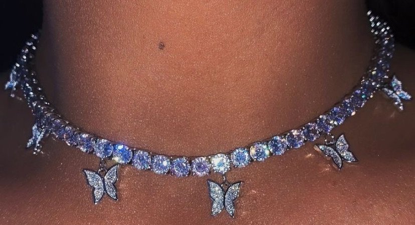 silver diamond butterfly choker necklace