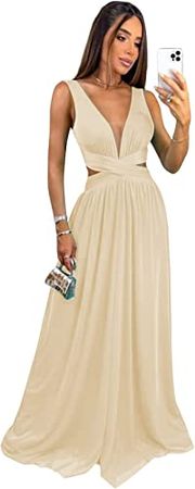 Huaxiafan V Neck Chiffon Bridesmaid Dresses with Pockets for Wedding 2023 Long Cut Out Formal Evening Prom Dress at Amazon Women’s Clothing store