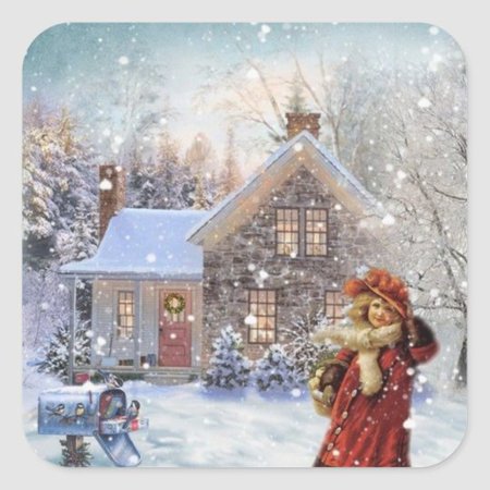 Vintage Christmas Girl In the Snow Square Sticker | Zazzle.com