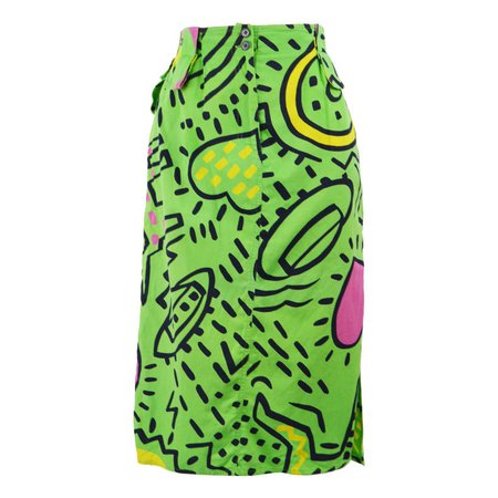 Enrico Coveri Rare Keith Haring Print Vintage Green Cotton Skirt, Spring 1985 For Sale at 1stdibs
